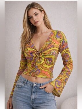VILA Psychedelic Y2K Style Top Ring Front Detail Groovy Long Sleeve EU S US XS